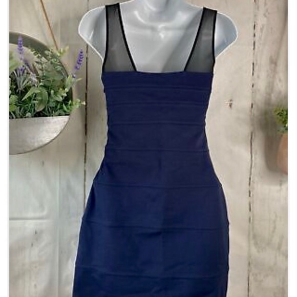 Express Navy with Black Sheer Accent Body Con Dress  Flattering Seaming Detail - Picture 4 of 10